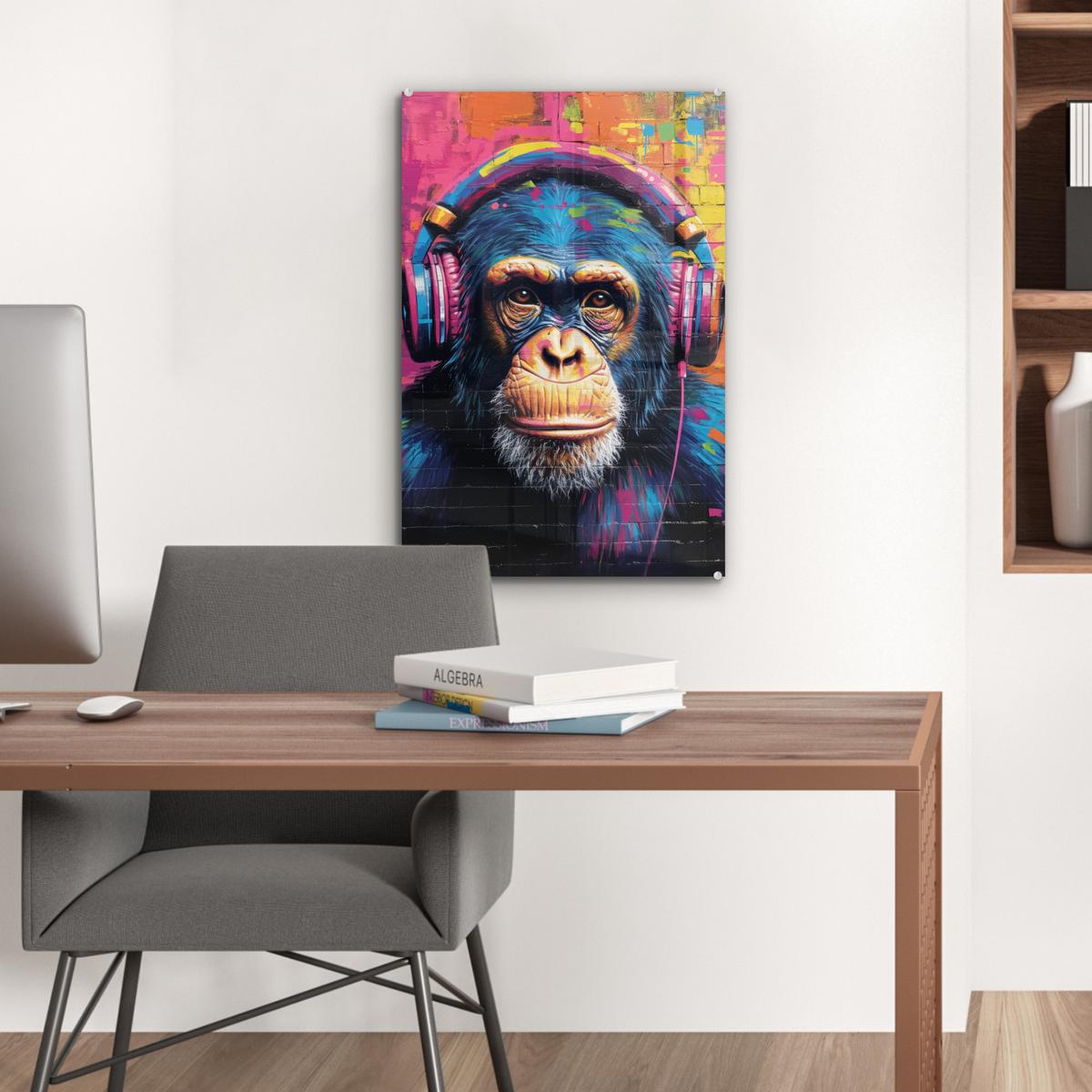 ACRYLGLASBILD Graffiti - Schimpanse - Straßenkunst - Kopfhörer - Affe Wanddeko Wohnzimmer 40x60 cm - Blau, Glas (40/60cm) - MuchoWow