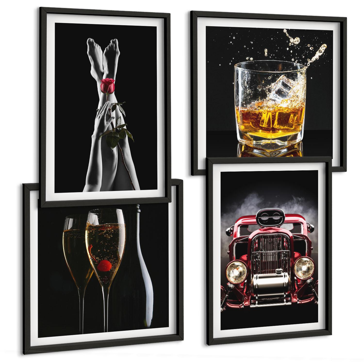 BILDER SET 4er Set - 50x50 cm & 40x60 cm Schwarzer Rahmen - Frauenbeine Rosenwagen Wein - Schwarz, Kunststoff (50/50cm) - TULUP