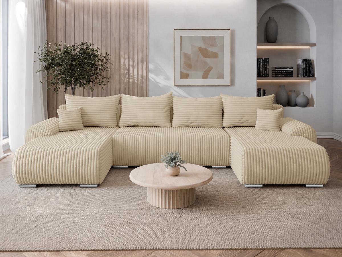WOHNLANDSCHAFT Ubo U Cord - Beige/Silberfarben, Holz/Kunststoff (366/81/187cm) - MIRJAN24