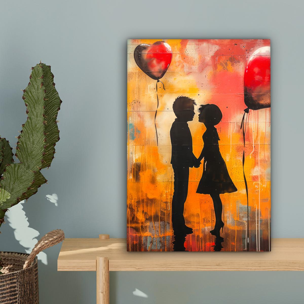 LEINWANDBILD Straßenkunst - Liebe - Graffiti - Kunst - Banksy Deko Wohnzimmer 20x30 cm - Orange, Textil (20/30cm) - MuchoWow