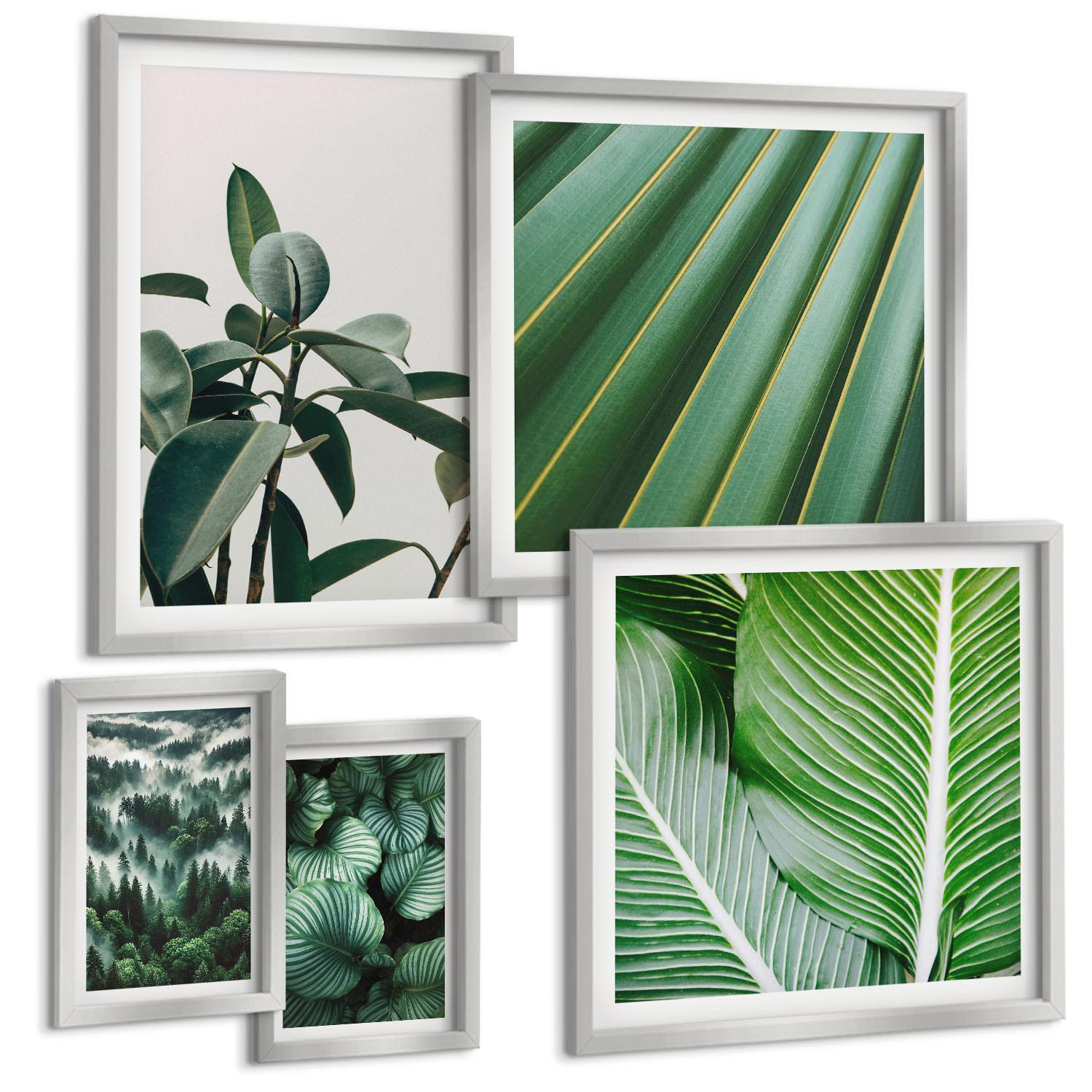 BILDER SET 5er Set - 50x50 cm & 20x30 cm & 40x60 cm Silberner Rahmen - Tropische Blätter in Grün - Silberfarben, Kunststoff (40/60cm) - TULUP