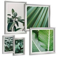 BILDER SET 5er Set - 50x50 cm & 20x30 cm & 40x60 cm Silberner Rahmen - Tropische Blätter in Grün - Silberfarben, Kunststoff (40/60cm) - TULUP
