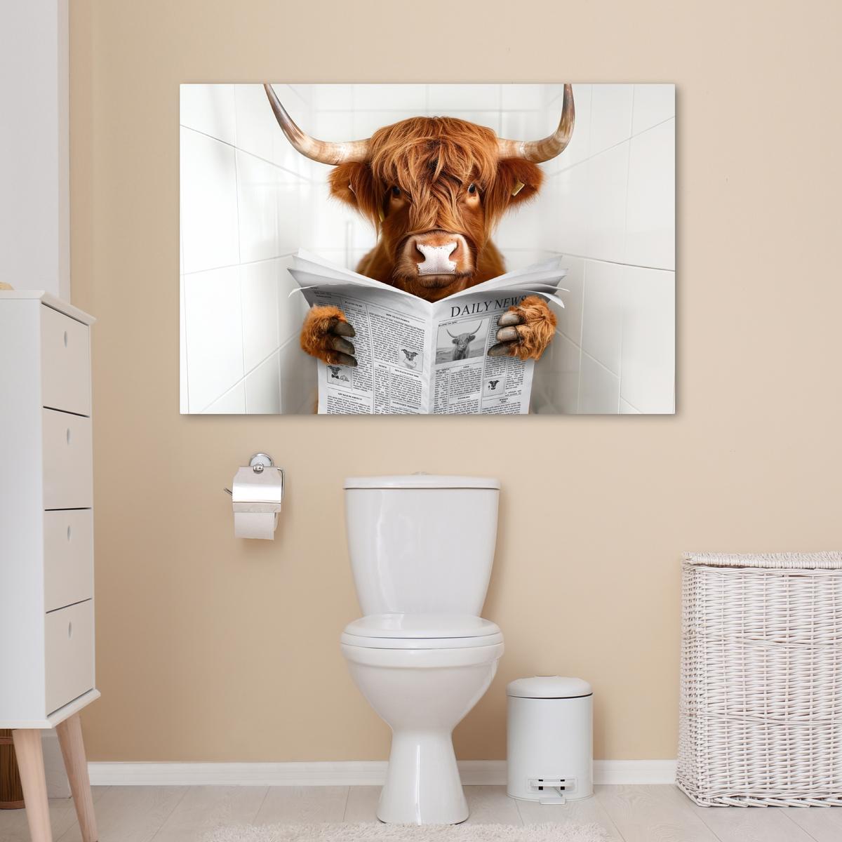 LEINWANDBILD Schottischer Highlander - Tier - Zeitung - Toilette Wohnzimmer Groß 120x80 cm - Kastanienfarben, Textil (120/80cm) - MuchoWow