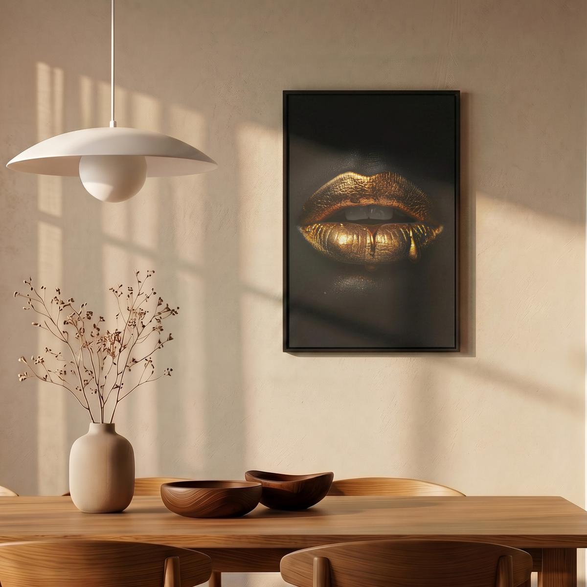 LEINWAND Bilder mit Rahmen - Frau - Porträt - Lippen - Gold - Schwarz - 40x60 - Schwarz, Textil (40/60cm) - MuchoWow