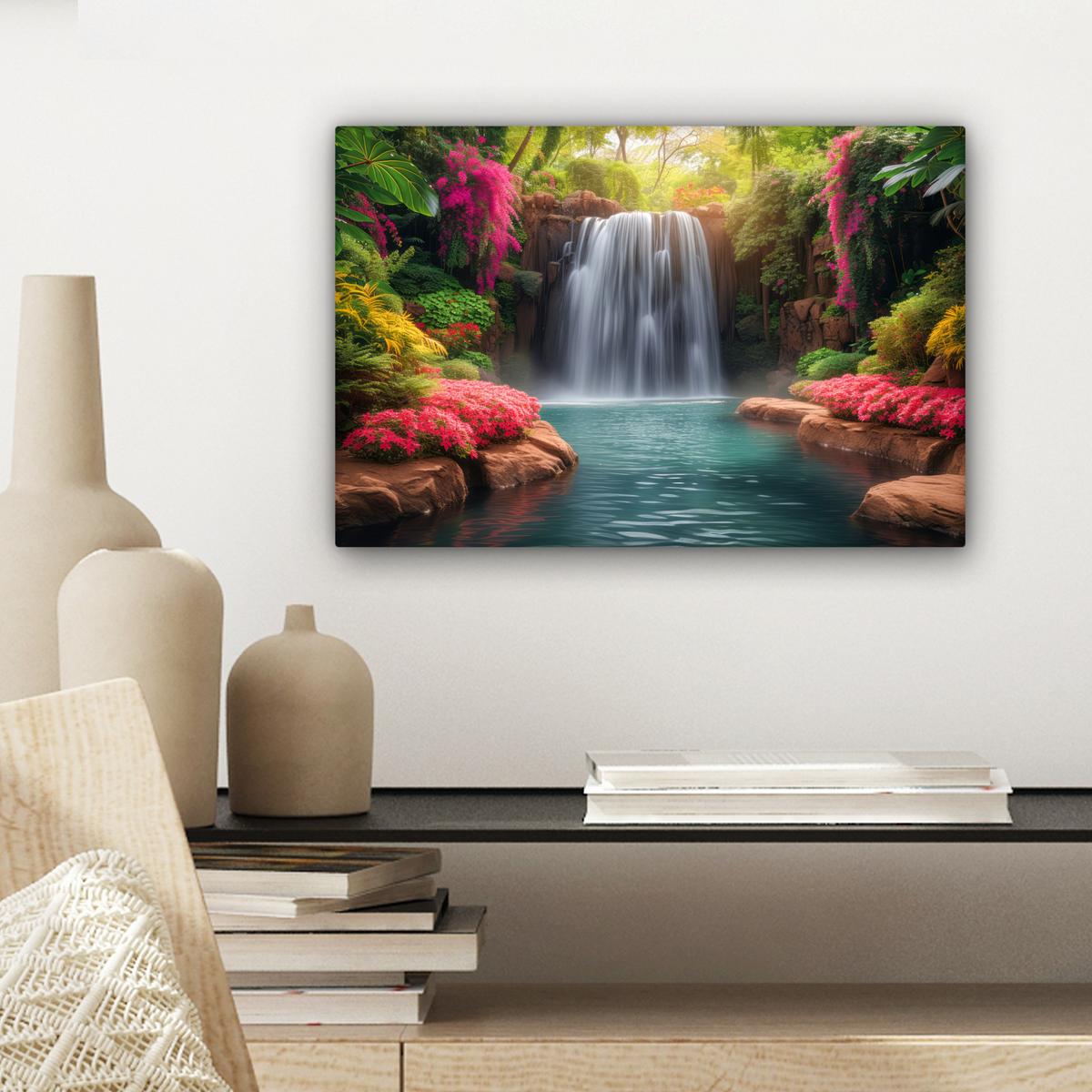 LEINWANDBILD Wasserfall - Natur - Pflanzen - Dschungel - Wasser Deko Schlafzimmer 30x20 cm - Grün, Textil (30/20cm) - MuchoWow