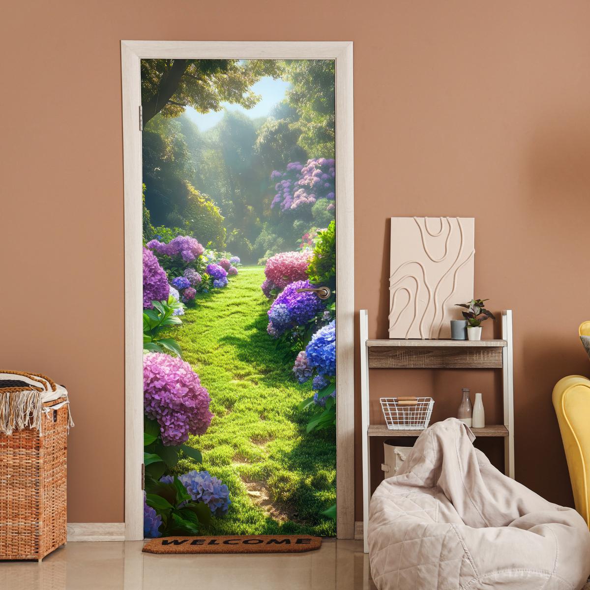 TÜRAUFKLEBER Natur - Hortensie - Blumen - Grün Fototapete selbstklebend 80x205 cm - Türtapete - Hellgrün, Kunststoff (80/0.1cm) - MuchoWow