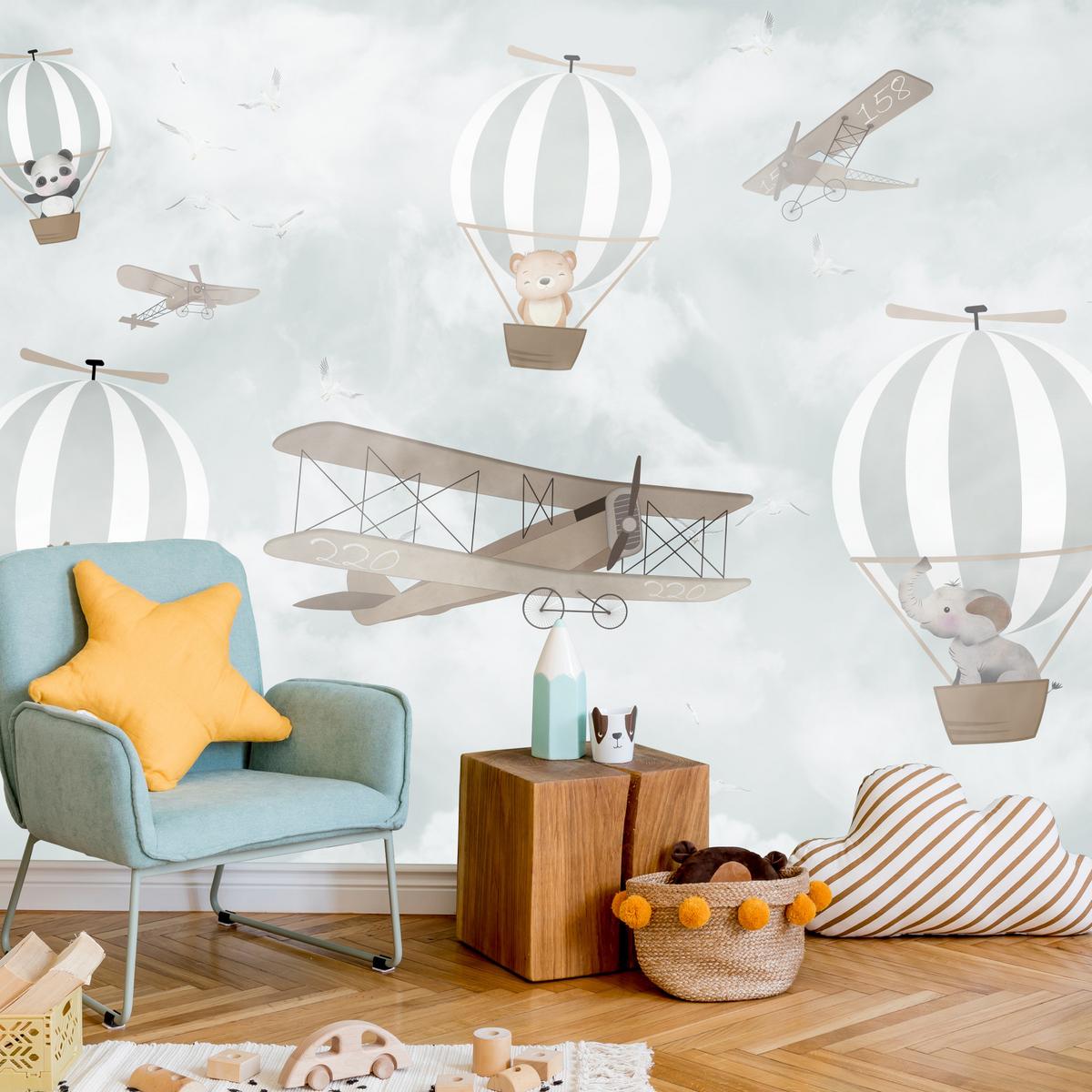 FOTOTAPETE für Kinderzimmer Ballons Tiere Wolken Flugzeuge Fantasie Retro 150x105 - Beige/Braun, Papier (150/105cm) - Muralo