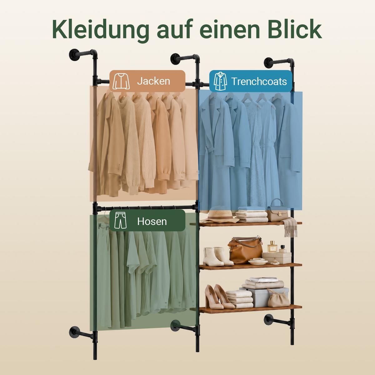 WANDGARDEROBE & Kleiderständer 220x168 cm, 3 Stangen und 3 Böden in Holzoptik, Schwarzes Stahlrohr, Industrial, Flur & Schlafzimmer - Schwarz, Kunststoff (168/220/46cm) - SoBuy
