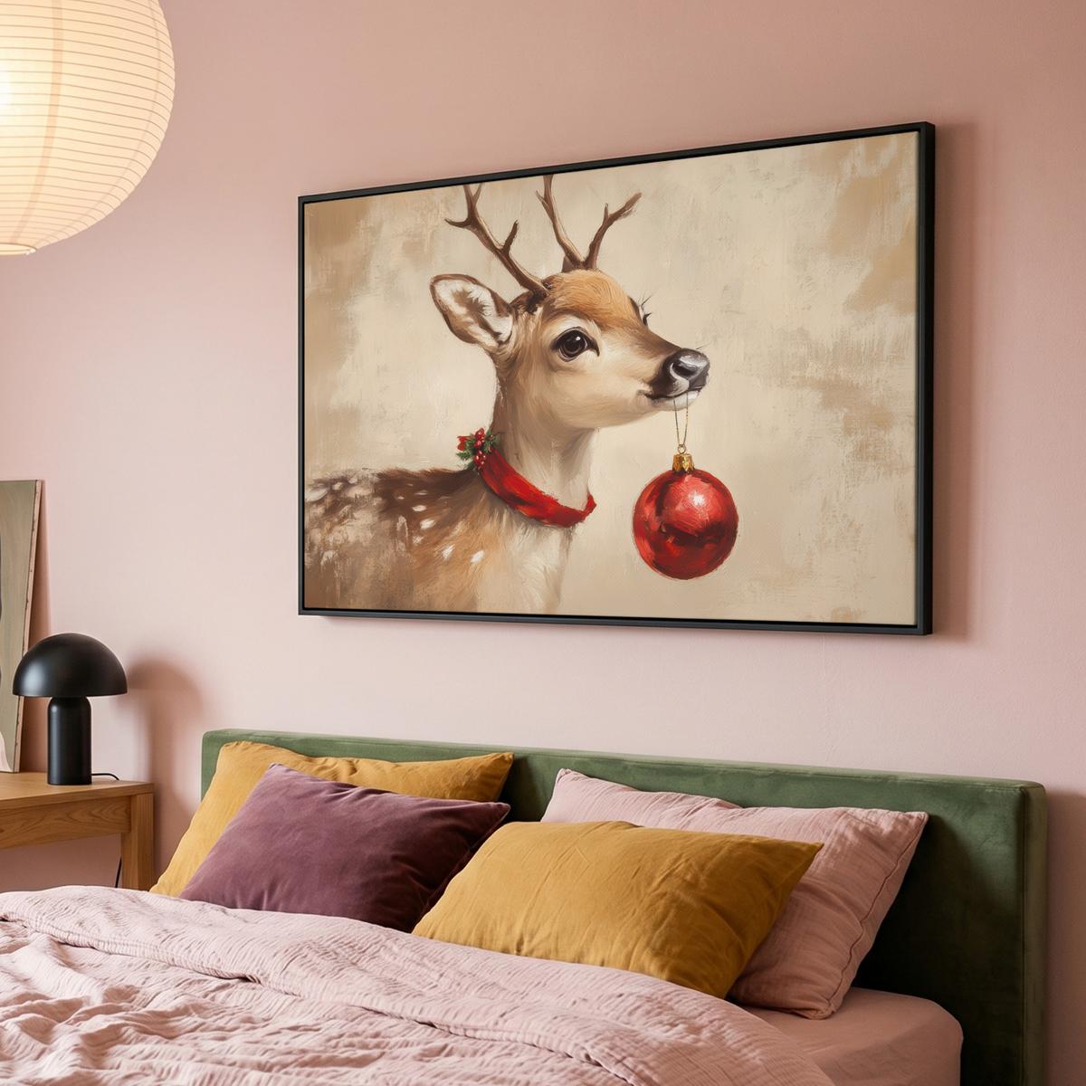 LEINWAND Bilder mit Rahmen - Weihnachten - Hirsch - Geweih - Weihnachtskugel - Rentier - 120x80 - Hellbraun, Textil (120/80cm) - MuchoWow