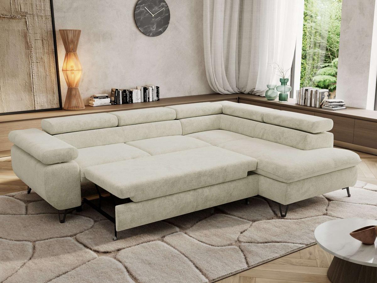ECKSOFA PABLO L Creme Schenille grob gewebt - Rechts Seite mit T25 Topper - Creme/Schwarz, Textil/Metall (273/208cm) - MKS