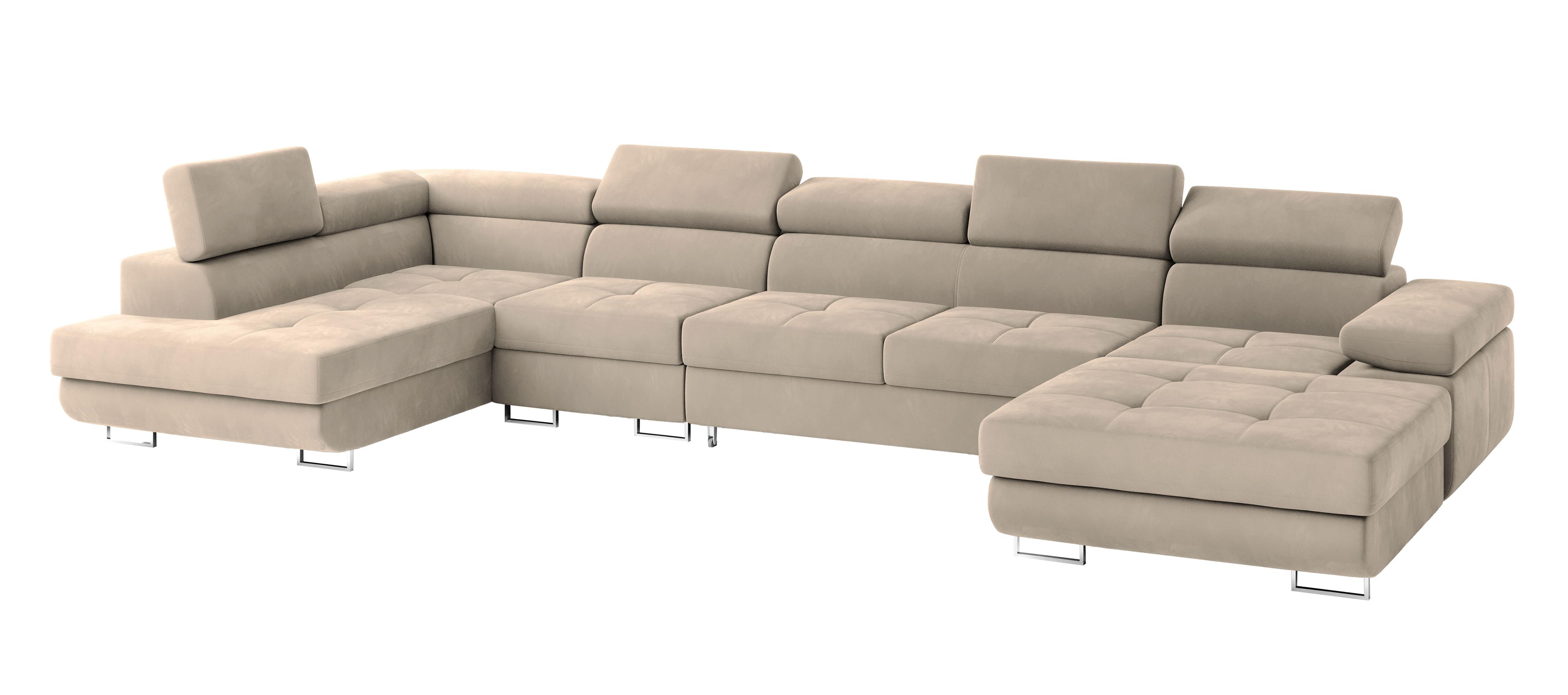 WOHNLANDSCHAFT VELORA L-S Creme Velours-Stoff mit Schlaffunktion - Creme, Holz (419/90/202cm) - MASSENO