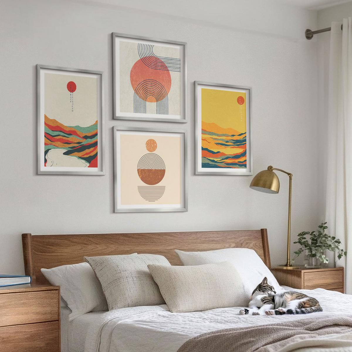 BILDER SET 4er Set - 50x50 cm & 40x60 cm Silberner Rahmen - Farbenfrohe Muster der Japandi-Flussberge - Silberfarben, Kunststoff (50/50cm) - TULUP