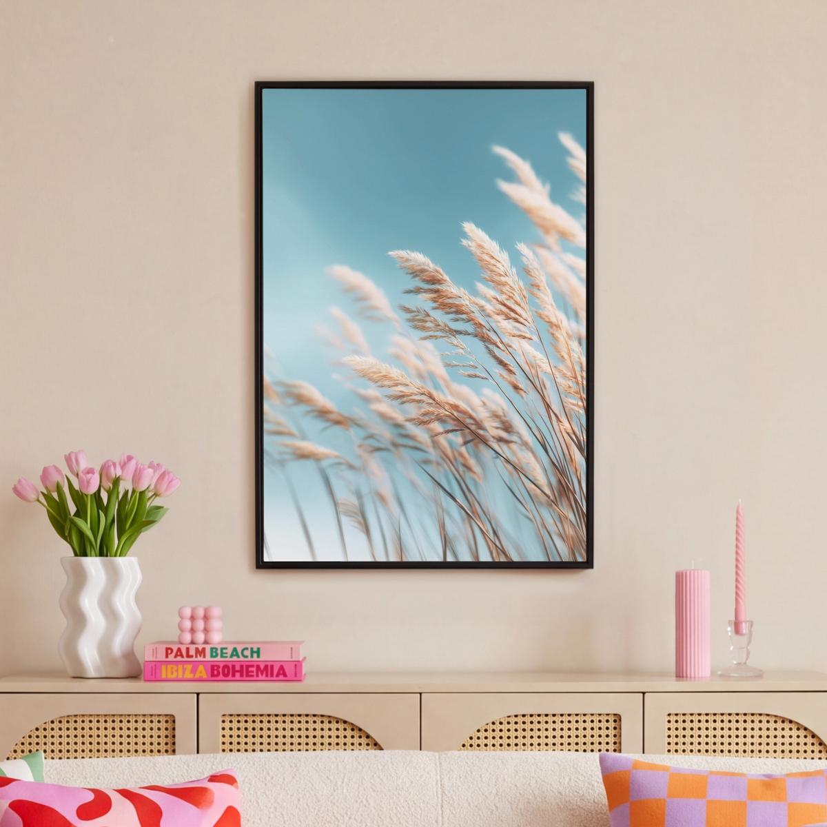 LEINWAND Bilder mit Rahmen - Ziergras - Wind - Hellbraun - 60x90 - Hellblau, Textil (60/90cm) - MuchoWow