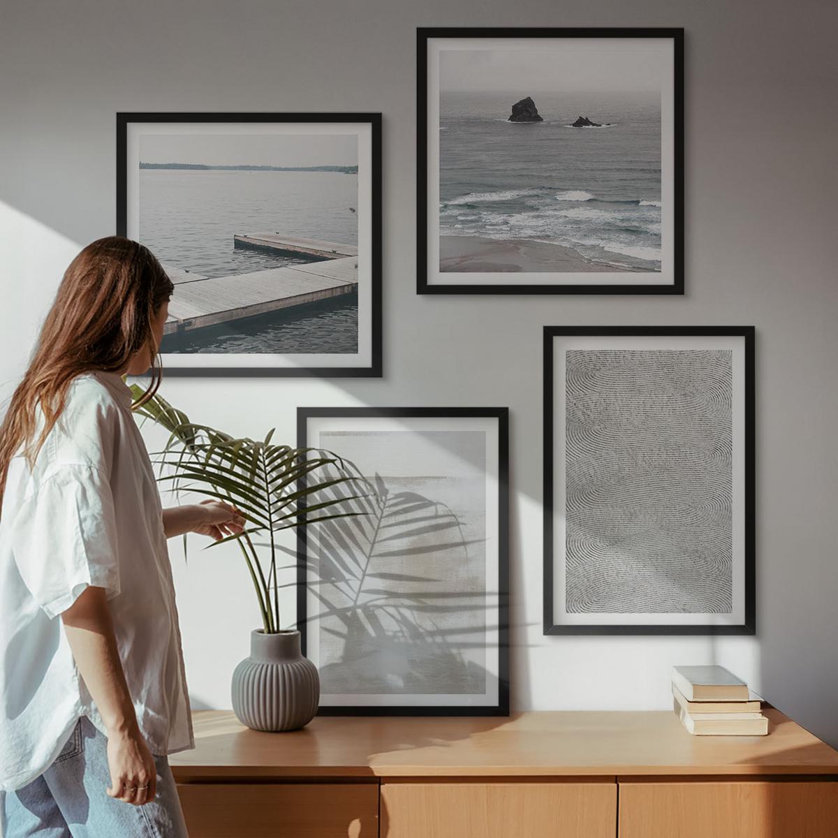 BILDER SET 4er Set - 50x50 cm & 40x60 cm Schwarzer Rahmen - Abstraktes Design, moderne Texturen - Schwarz, Kunststoff (50/50cm) - TULUP