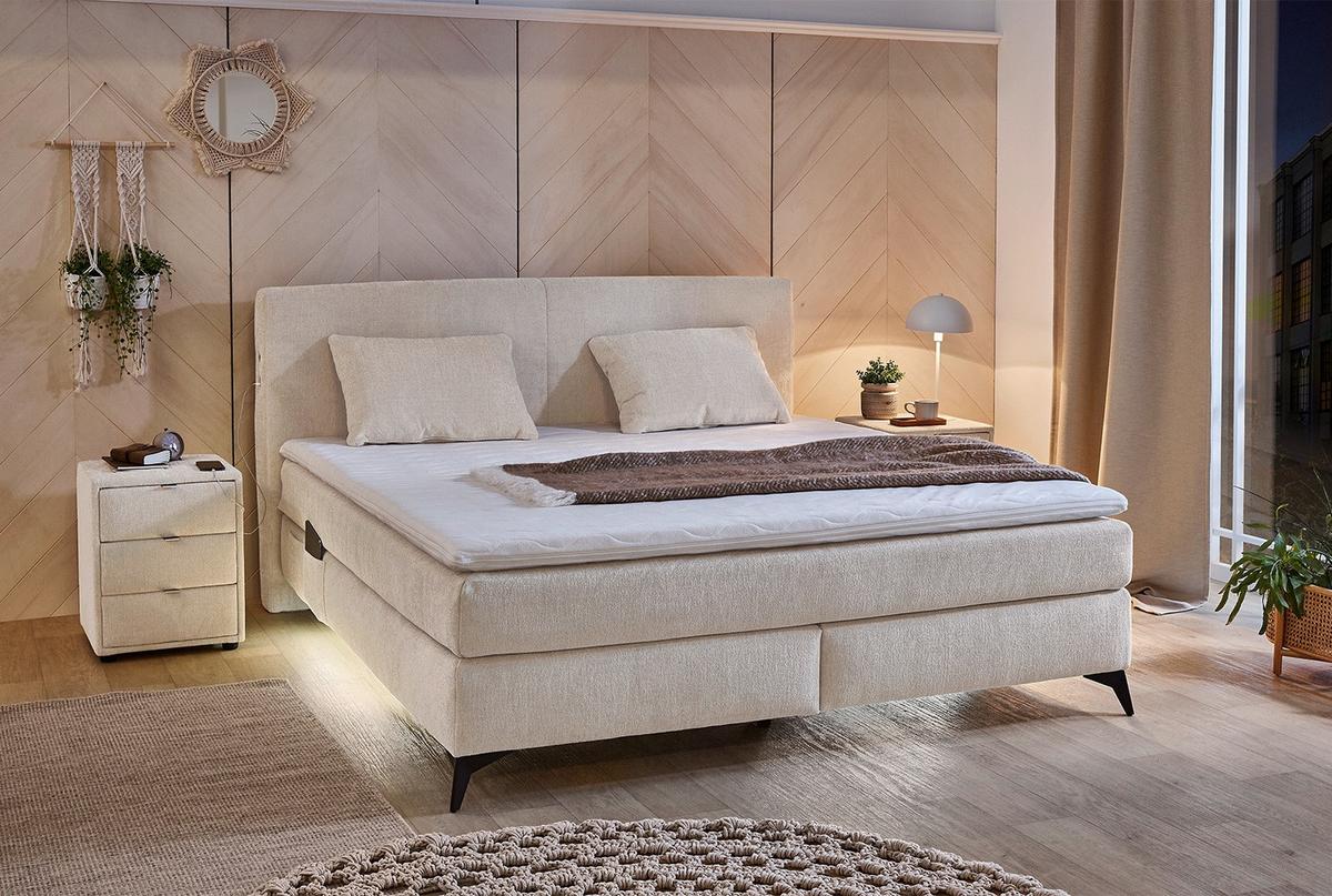 BOXSPRINGBETT 180x200 cm, 7-Zonen-Tonnentaschen-Federkernmatratzen H3, Topper, Bonell-Federkern, Beleuchtung, USB-Ladeports, Chenille Beige / 20017 - Beige/Schwarz, Textil/Metall (180/200cm) - luma-home