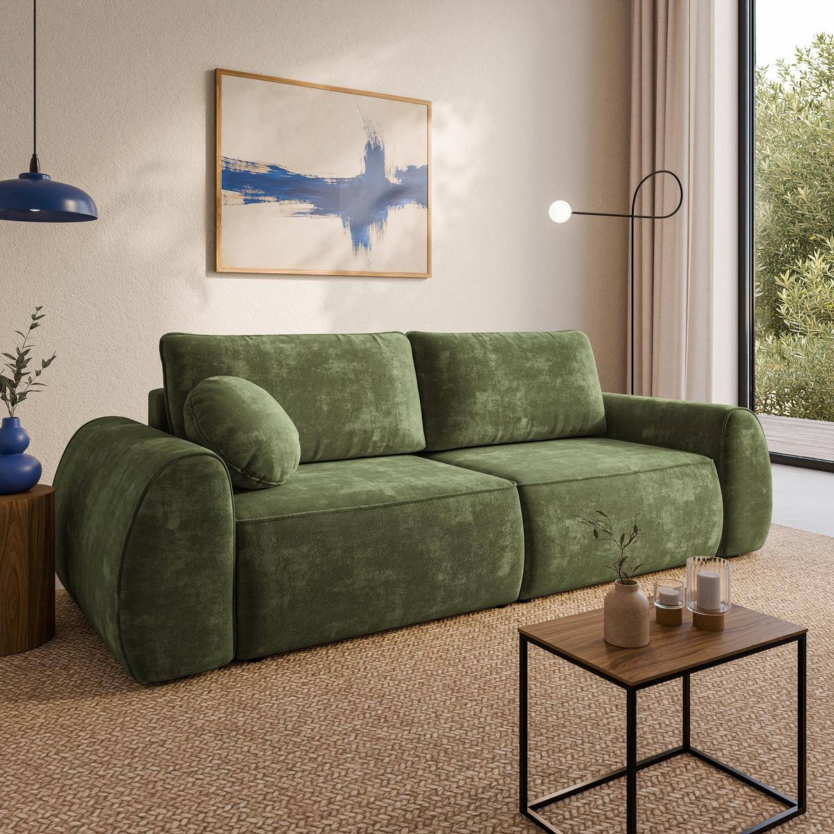 BETTSOFA ZEFEO Grün Chenille-Stoff mit Schlaffunktion - Grün, Textil (264/96/106cm) - MASSENO