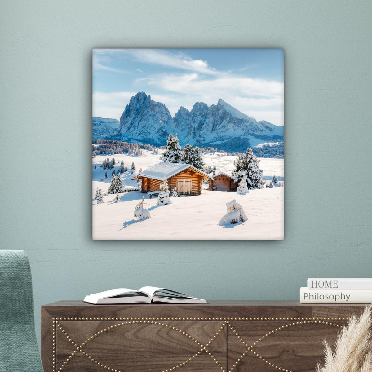 LEINWANDBILD Winter - Hütte - Berge - Aussicht - Schnee Wandbild Wohnzimmer 50x50 cm - Eichefarben, Textil (50/50cm) - MuchoWow