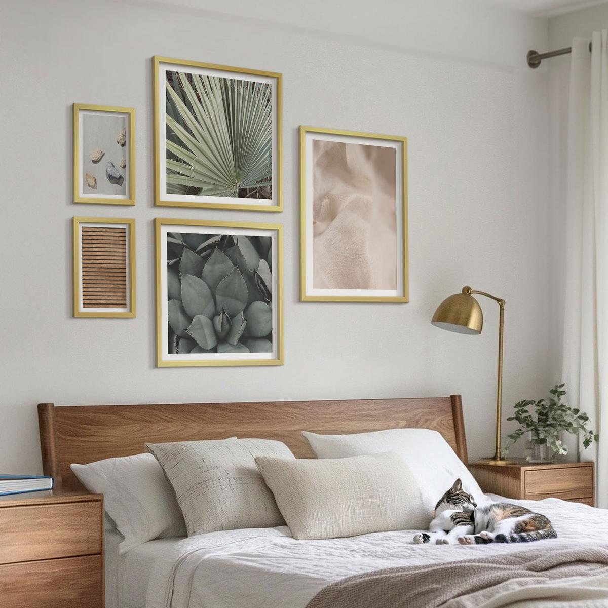 BILDER SET 5er Set - 50x50 cm & 20x30 cm & 40x60 cm Goldrahmen - Steine, Holz, Stofftexturen - Goldfarben, Kunststoff (40/60cm) - TULUP