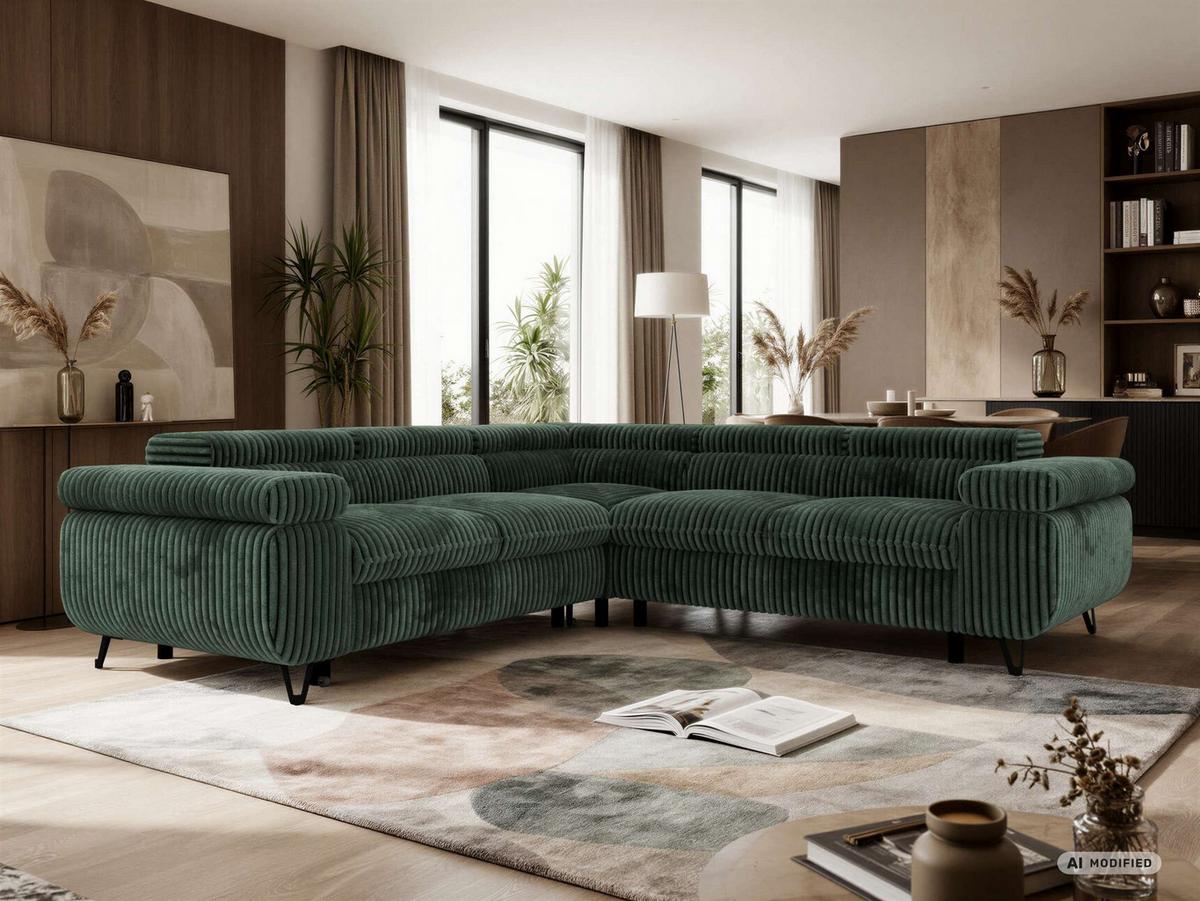ECKSOFA QUADRO L - Dunkelgrün Cord - Rechts Seite - Dunkelgrün/Schwarz, Textil/Metall (269/269cm) - MKS