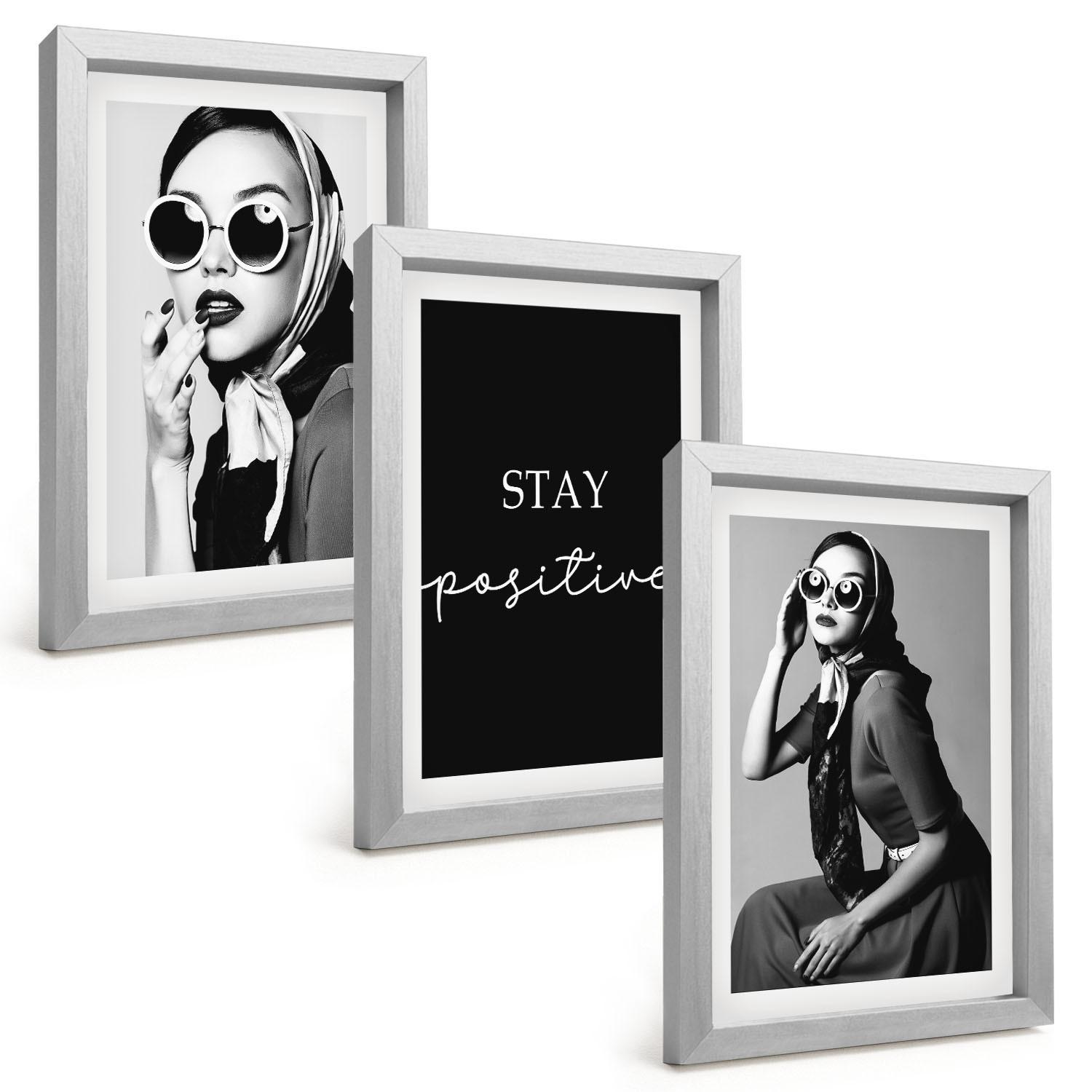 BILDER SET 3er Set - 20x30 cm Silberner Rahmen - Stilvolle Porträts von Frauen mit Brille - Silberfarben, Kunststoff (20/30cm) - TULUP