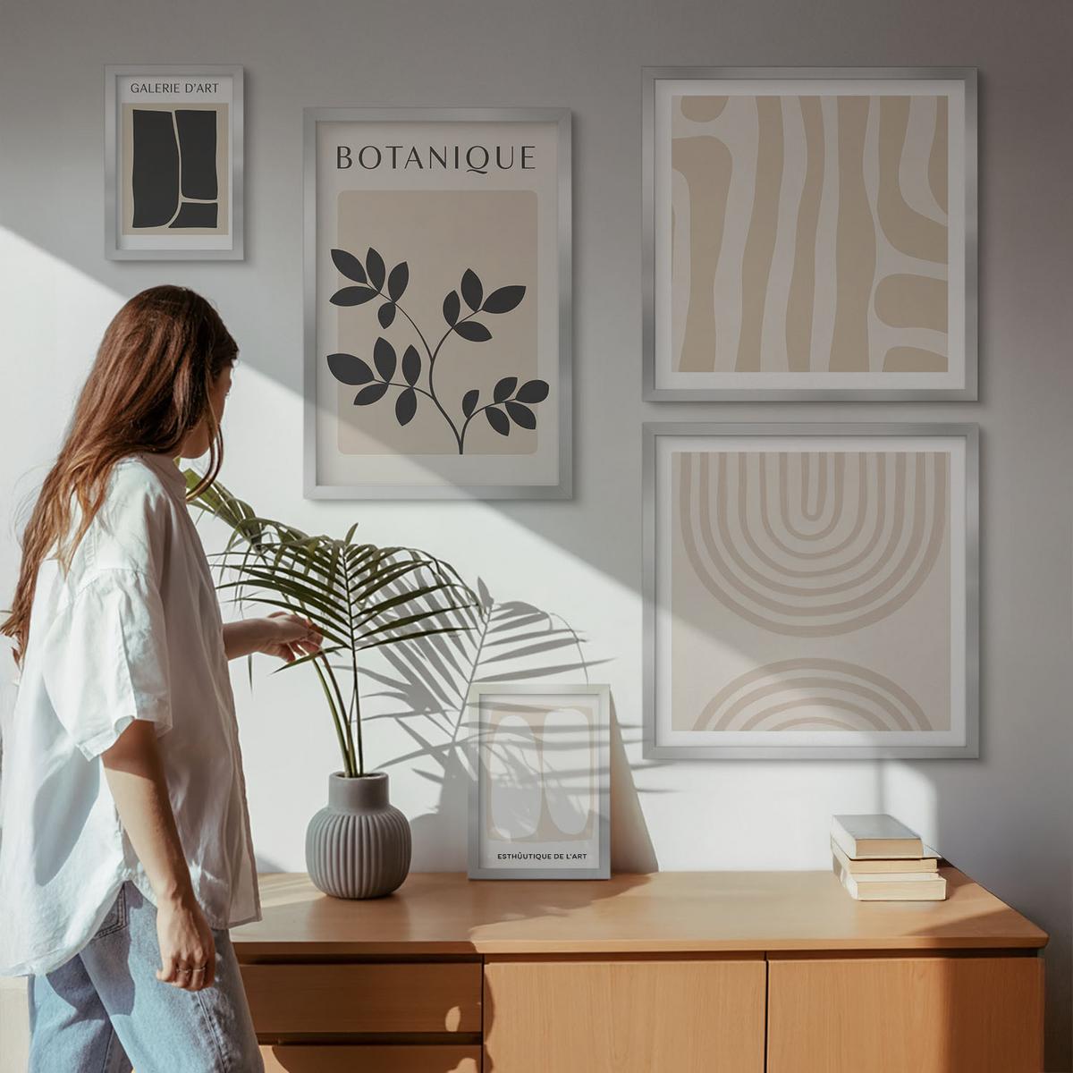 BILDER SET 5er Set - 50x50 cm & 20x30 cm & 40x60 cm Silberner Rahmen - Boho-Pflanzenposter - Silberfarben, Kunststoff (40/60cm) - TULUP
