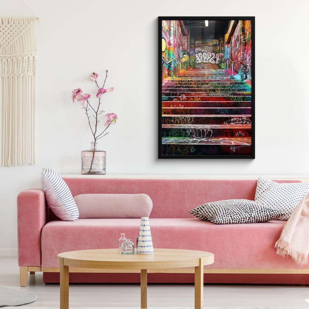 POSTER MIT RAHMENGERAHMTES BILD Treppe - Graffiti - Farben - Kunst 60x90 cm - Multicolor, Papier (60/90cm) - MuchoWow