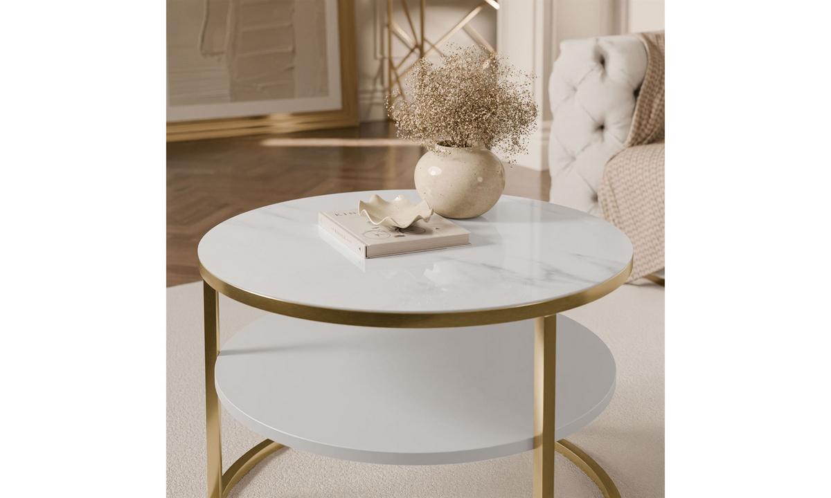 COUCHTISCH CIRI SLIM QUARZKOMPOSIT Ø60/40 cm gebürstetes Gold / Marmor - Goldfarben/Weiß, Holzwerkstoff/Stein (60/60/40cm) - Lookway