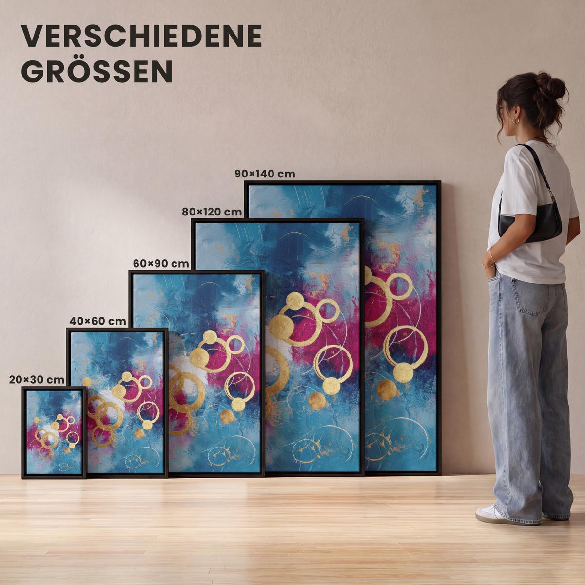 LEINWAND Bilder mit Rahmen - Kreise - Gold - Abstrakt - 40x60 - Blau, Textil (40/60cm) - MuchoWow
