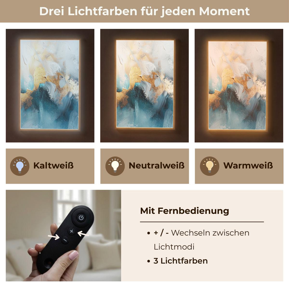 WANDLEUCHTE MIT AKKU Abstrakt - Kunst - Gold - Blau 70x100 cm - Türkis, Holzwerkstoff (70/100/8cm) - OnlyWow