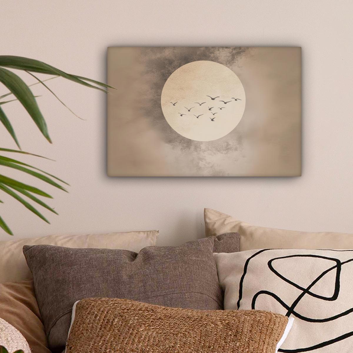 LEINWANDBILD Vogel - Beige - Japanisch Deko Schlafzimmer 30x20 cm - Taupe, Textil (30/20cm) - MuchoWow
