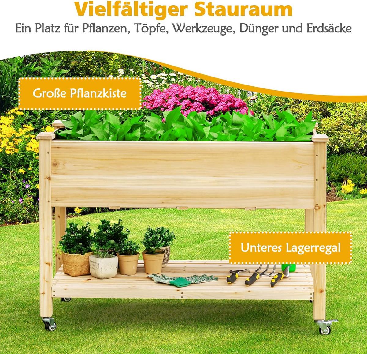 HOCHBEET groß mit Ablage Holz - Apfelbaumfarben, Holz (120/84/59cm) - COSTWAY