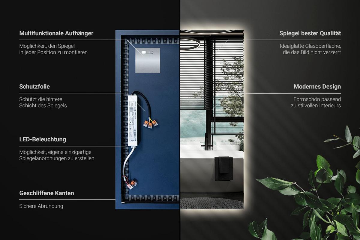LED-SPIEGEL 70x50 cm Rechteckig Neutralweiß 4000K - Transparent, Glas (50/70/0.4cm) - Wallfluent