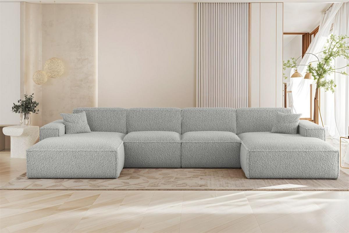 WOHNLANDSCHAFT Celes Premium In Sven - Hellgrau, Holzwerkstoff/Textil (378/73/165cm) - Fun Möbel