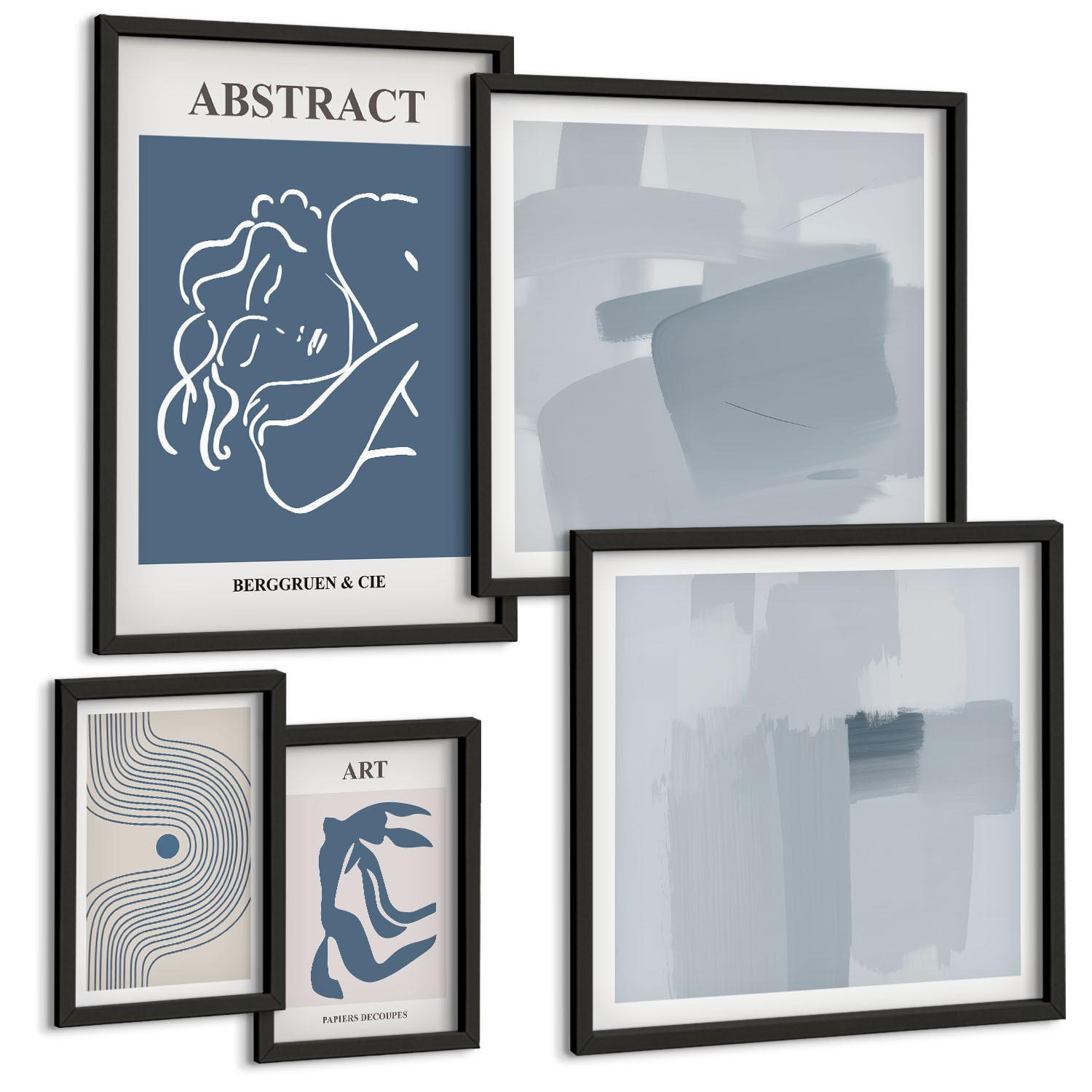 BILDER SET 5er Set - 50x50 cm & 20x30 cm & 40x60 cm Schwarzer Rahmen - Poster mit abstrakten Linien und Wellen - Schwarz, Kunststoff (40/60cm) - TULUP
