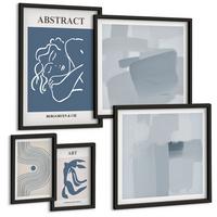 BILDER SET 5er Set - 50x50 cm & 20x30 cm & 40x60 cm Schwarzer Rahmen - Poster mit abstrakten Linien und Wellen - Schwarz, Kunststoff (40/60cm) - TULUP