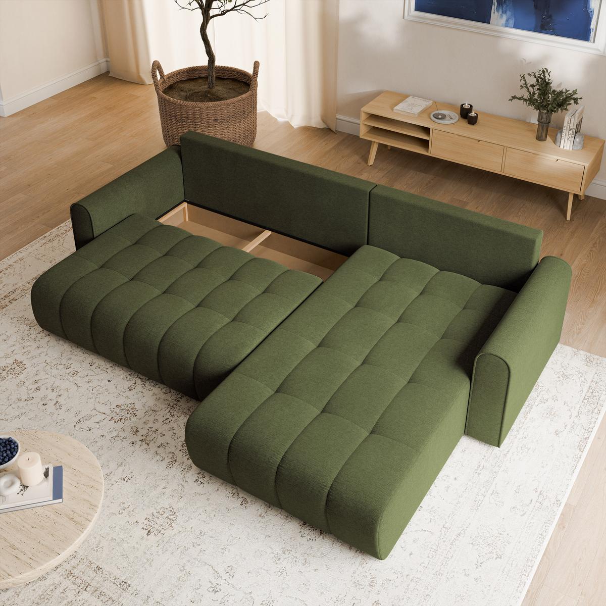 ECKSOFA FRIGA Olivgrün Strukturstoff mit Schlaffunktion - Olivgrün, Holz (283/185cm) - MASSENO