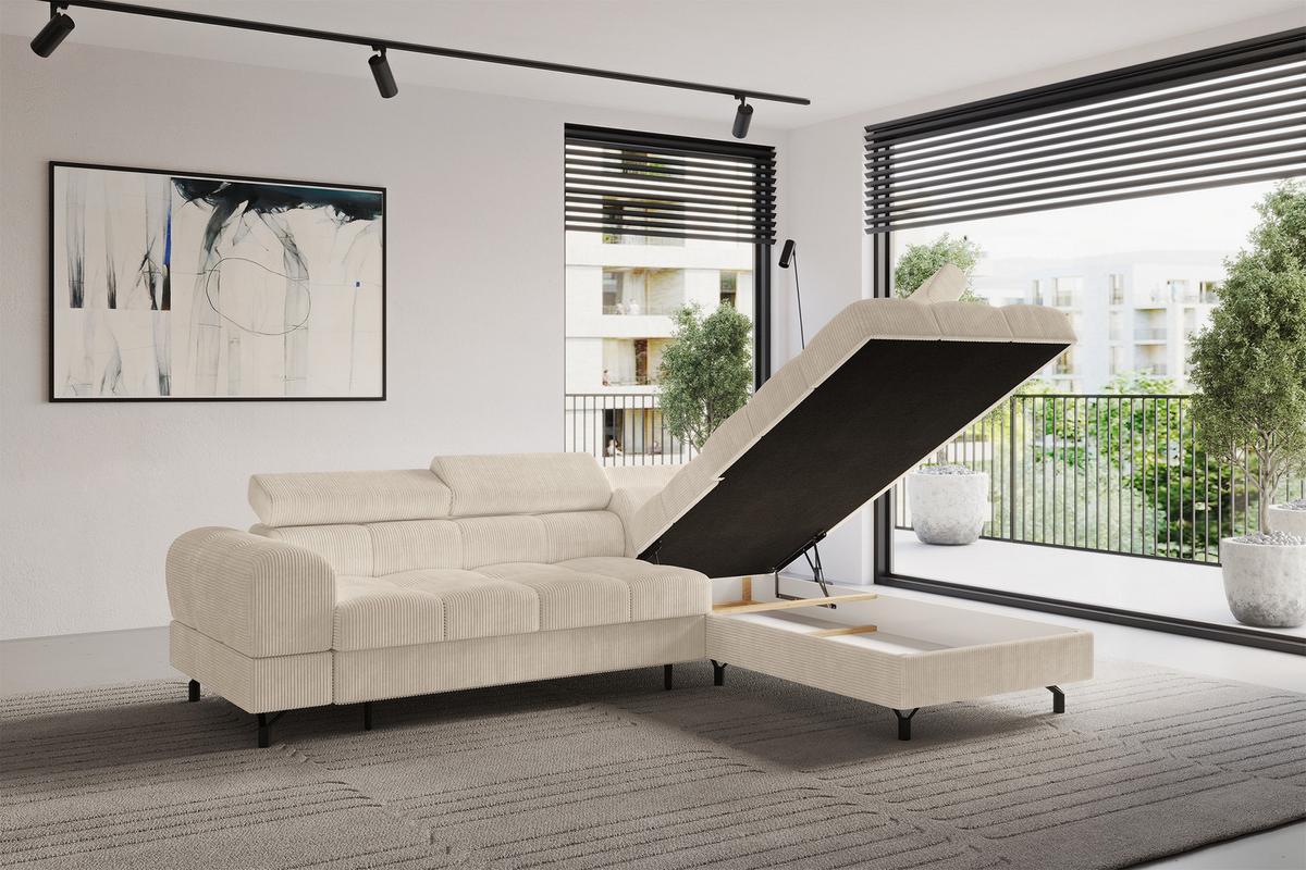 ECKSOFA mit Schlaffunktion Ottomane Rechts LUMA-L 272x203x70 Beige Cord - Beige/Schwarz, Holzwerkstoff/Kunststoff (203/272cm) - ALTDECOR
