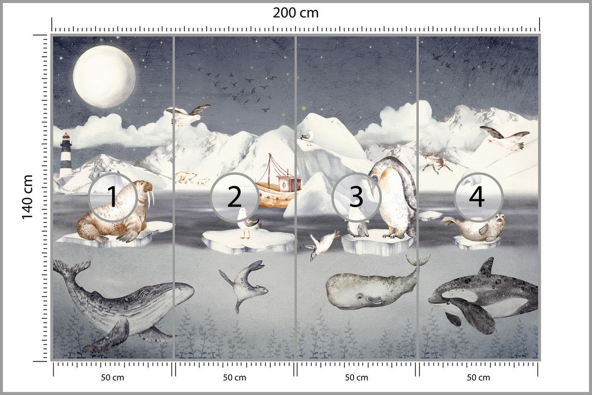 FOTOTAPETE für Kinderzimmer Arktische Tiere Pinguine Robben Mond Gebirge 200x140 - Orange/Weiß, Papier (200/140cm) - Muralo