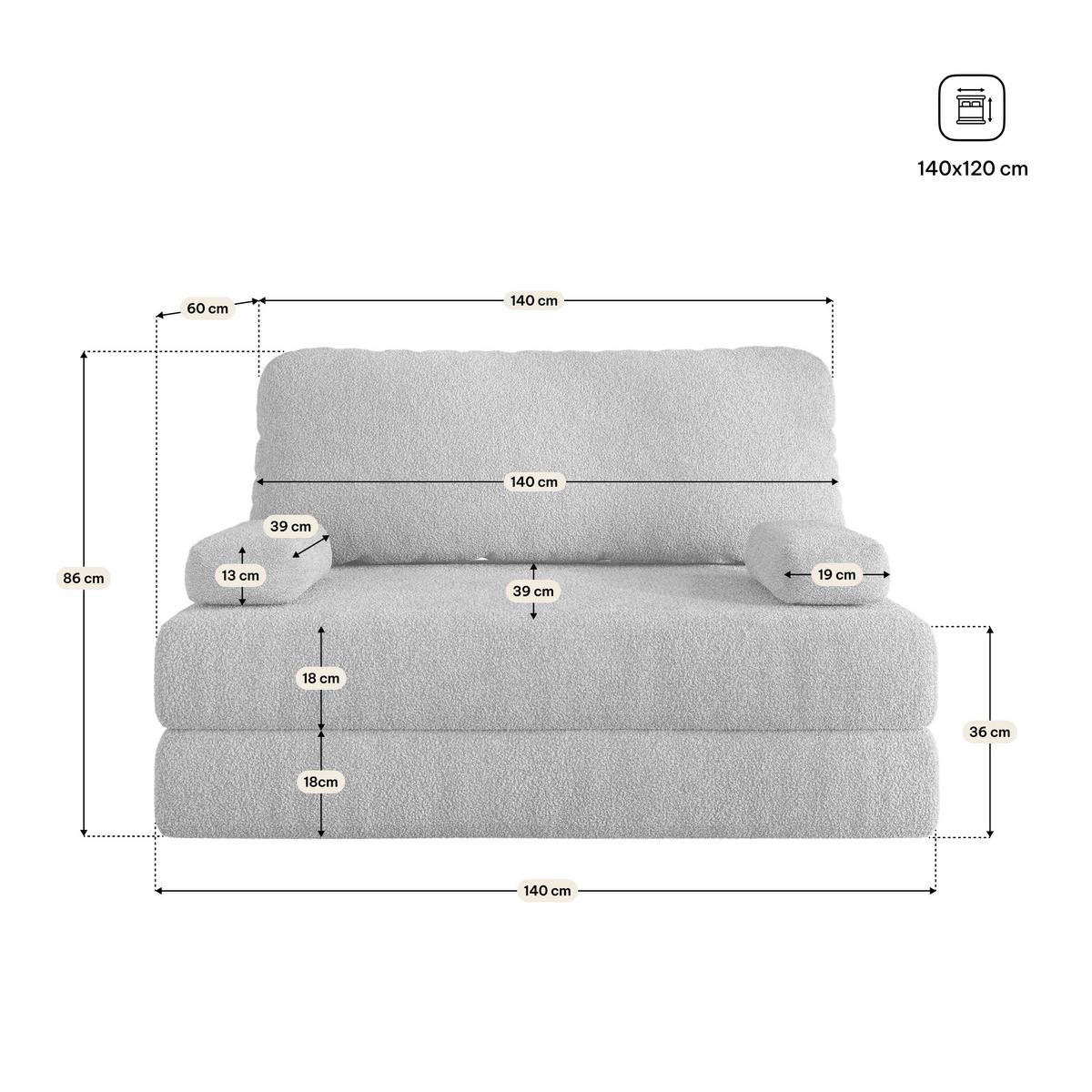 BETTSOFA KESTE aus Schaumstoff Bucle-Stoff Hellgrau Schlaffunktion - Hellgrau, Textil (140/86/60cm) - MASSENO