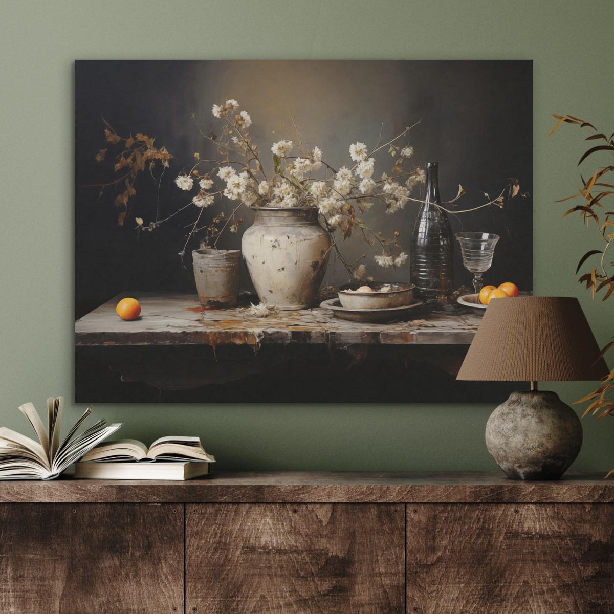AKUSTIKBILD Stilleben - Blumen - Blumenstrauß - Vase - Wein Gemälde 80x60 cm - Schwarz, Kunststoff (80/60/0.9cm) - MuchoWow