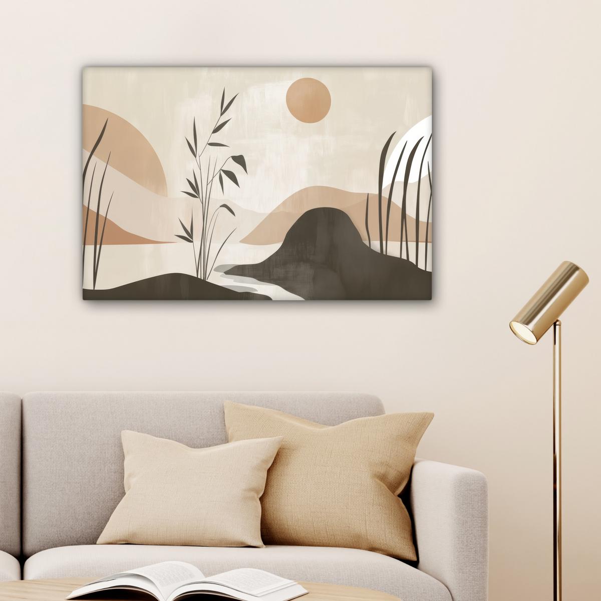 LEINWANDBILD Japandi - Landschaft - Beige Gemälde 60x40 cm - Cognac, Textil (60/40cm) - MuchoWow