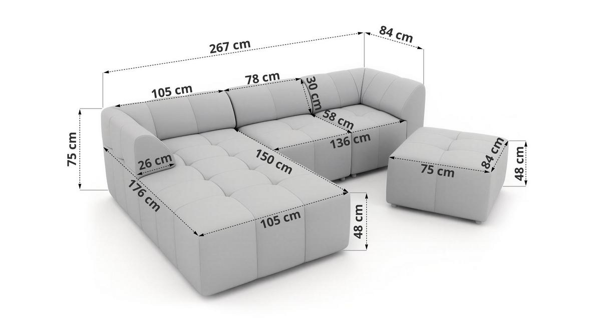 ECKSOFA VORITA L 4M - Beige Cord - Links Seite - Beige/Creme, Kunststoff/Textil (267/176cm) - MKS