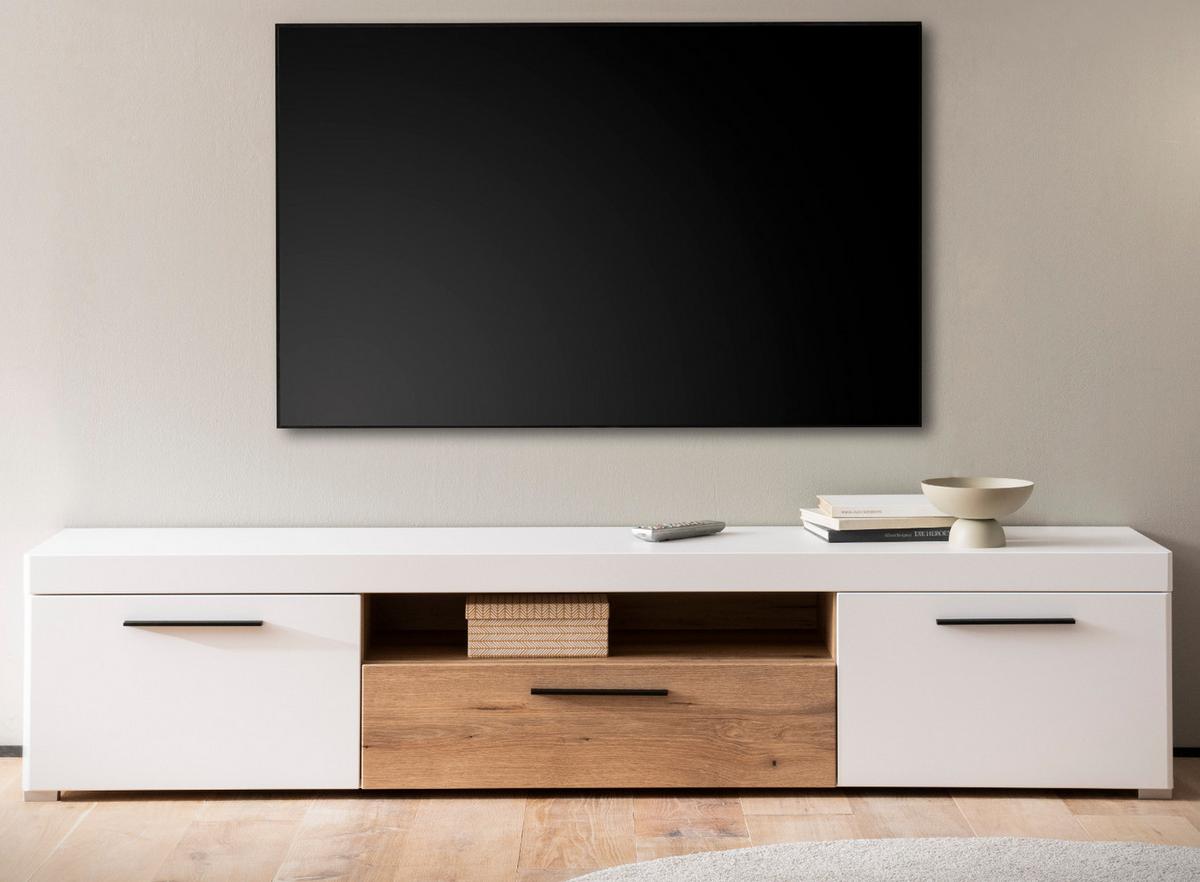 TV-LOWBOARD weiß matt, Evoke Eiche, TV Unterteil 205 cm, Soft-Close-Funktion - Eichefarben/Silberfarben, Holzwerkstoff/Kunststoff (205/44/45cm)