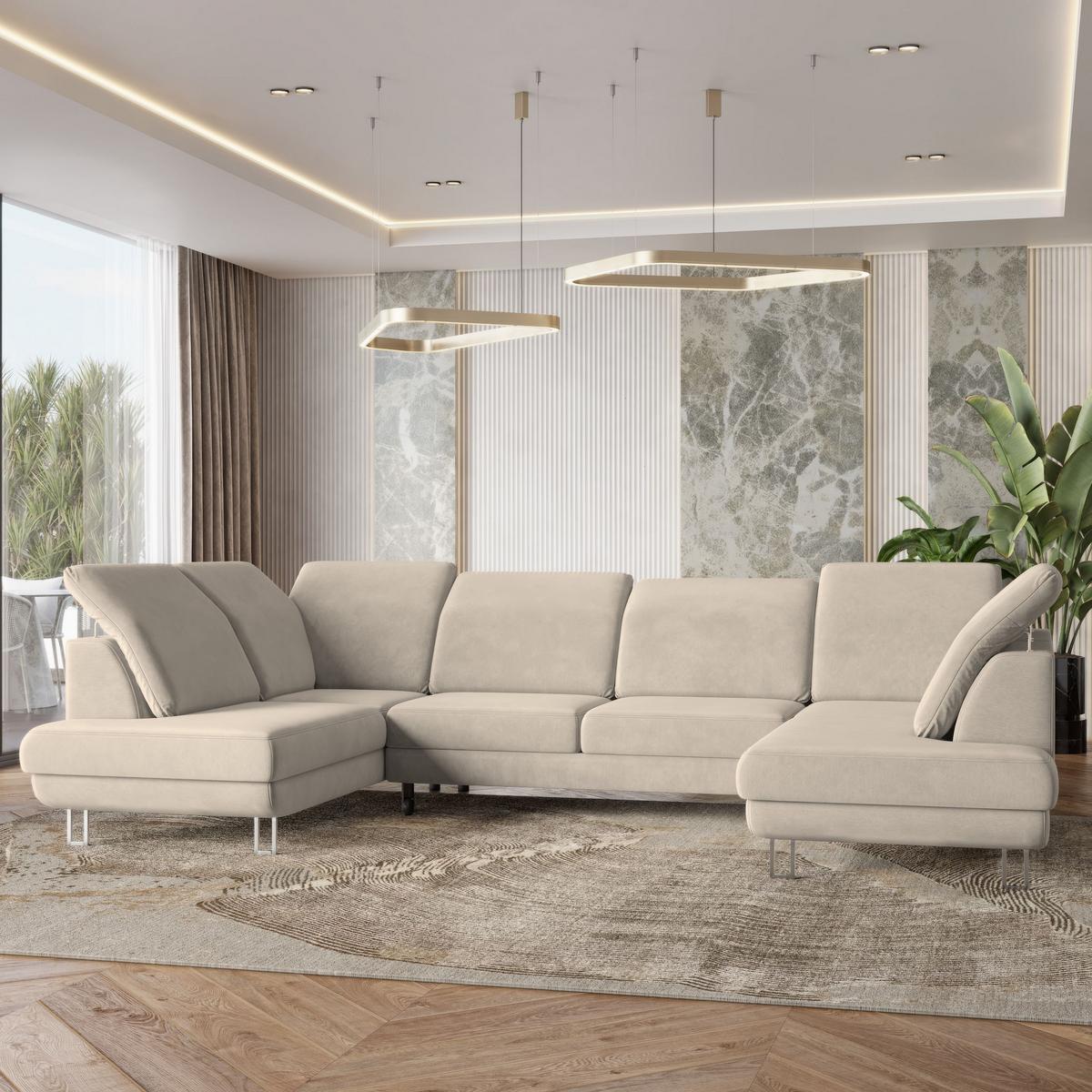 WOHNLANDSCHAFT TERAMO Creme Velours-Stoff mit Schlaffunktion - Silberfarben/Creme, Holz/Textil (316/88/193cm) - MASSENO