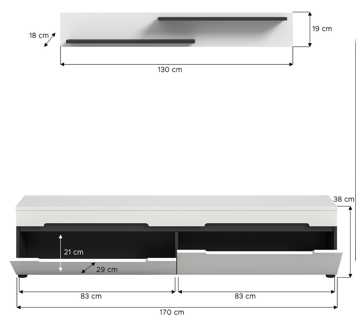 WOHNWAND weiß, grau mit TV-Lowboard hängend / stehend und Wandboard 170 cm, Cooper - Schwarz/Weiß, Holzwerkstoff/Kunststoff (170/180/33cm) - Inn.Furn