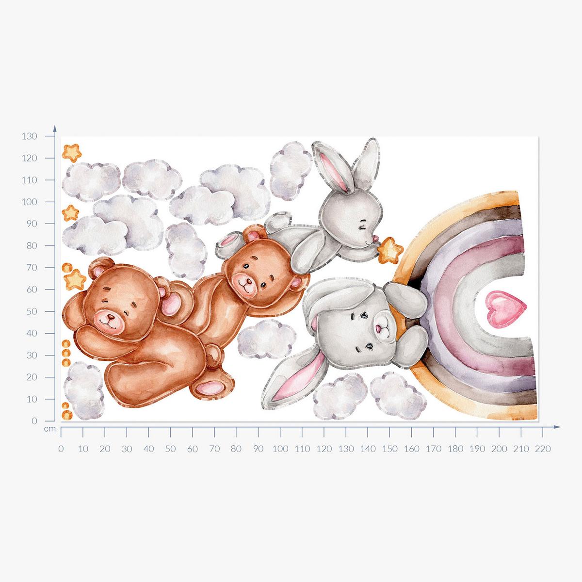WANDAUFKLEBER 130x218cm - Hasen und Wolken - Multicolor, Kunststoff (130/218/0.1cm) - Wallfluent