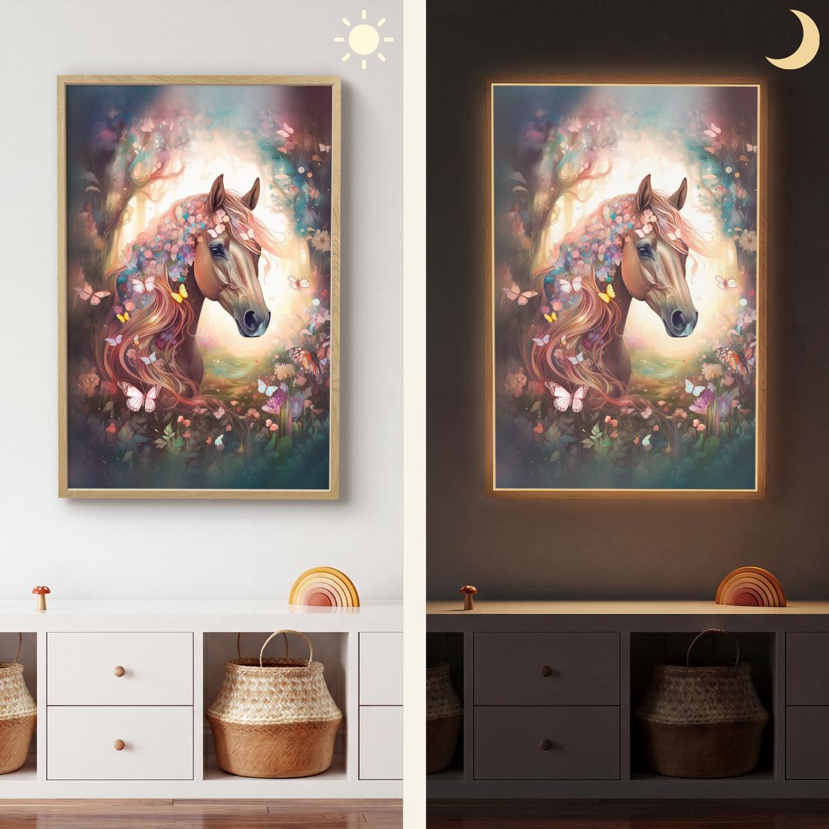 WANDLEUCHTE MIT AKKU Pferd - Natur - Blumen - Schmetterlinge - Wald 70x100 cm - Dunkelbraun, Holzwerkstoff (70/100/8cm) - OnlyWow
