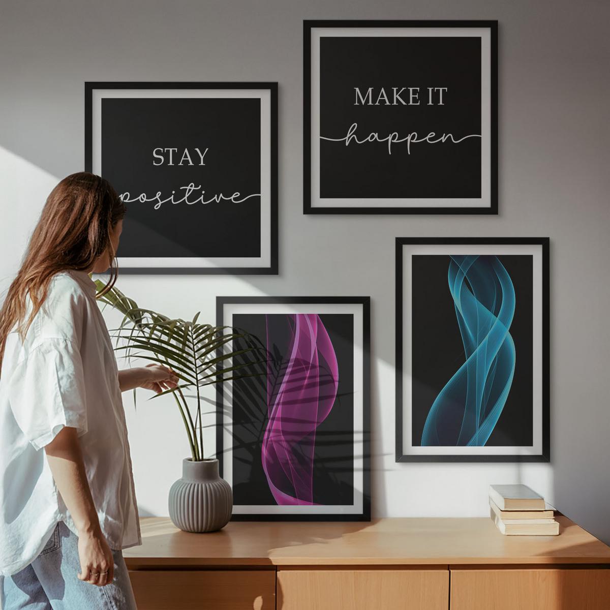 BILDER SET 4er Set - 50x50 cm & 40x60 cm Schwarzer Rahmen - Neonlinienwellen im Hintergrund - Schwarz, Kunststoff (50/50cm) - TULUP