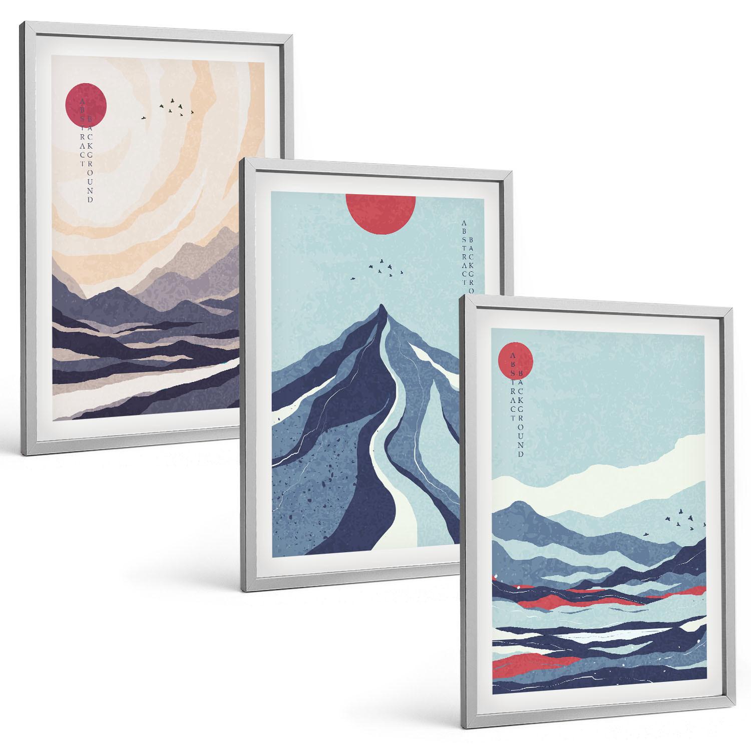 BILDER SET 3er Set - 40x60 cm Silberner Rahmen - Abstrakte japanische Berge - Silberfarben, Kunststoff (40/60cm) - TULUP