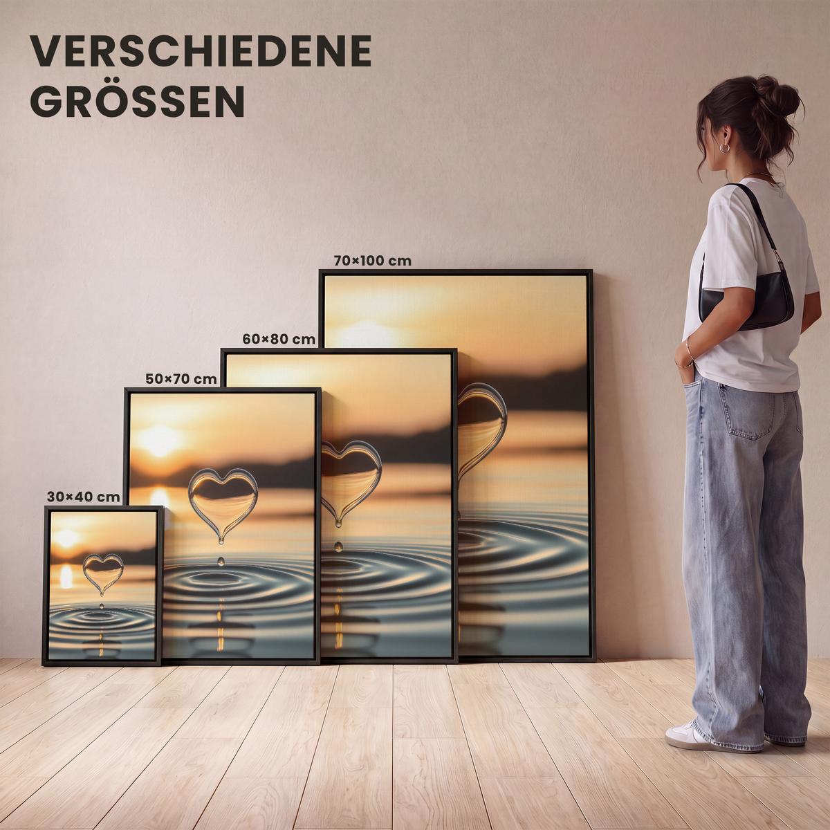 LEINWAND Bilder mit Rahmen - Herz - Wasser - Sonnenuntergang - Natur - Zen - 50x70 - Bernsteinfarben, Textil (50/70cm) - MuchoWow